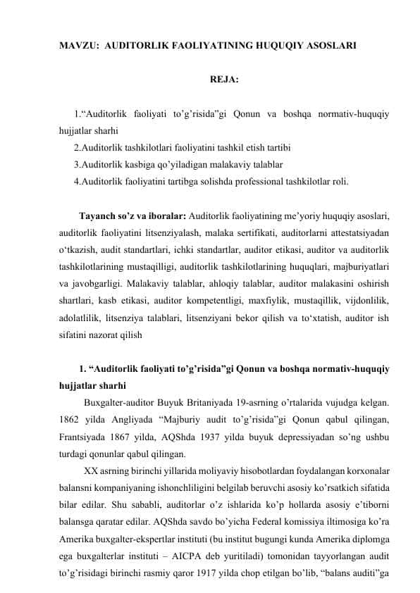 AUDITORLIK FAOLIYATINING HUQUQIY ASOSLARI