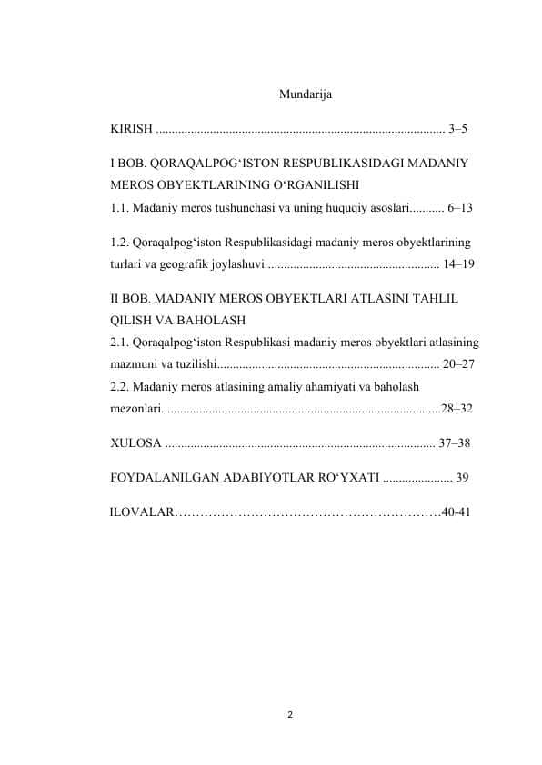Qoraqalpog‘iston Respublikasi madaniy meros obyektlari atlasini o‘rganish, tahlil qilish va baholash KRS ISHI.docx