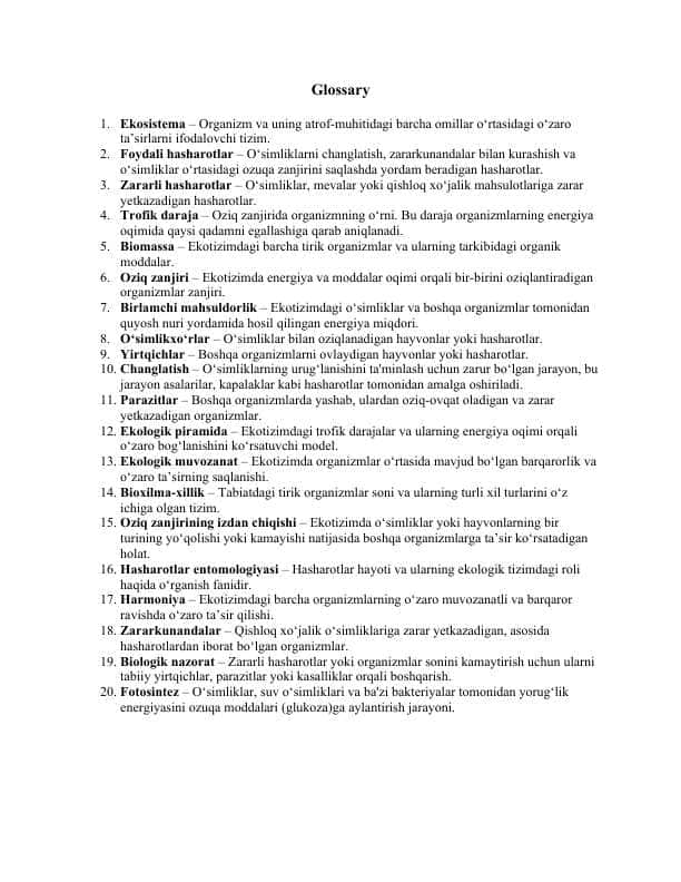 Hasharotlarning foydali va zararli tomonlarini yoritishga imkon beradigan masala va mashqlar tuzis glossary bio.docx