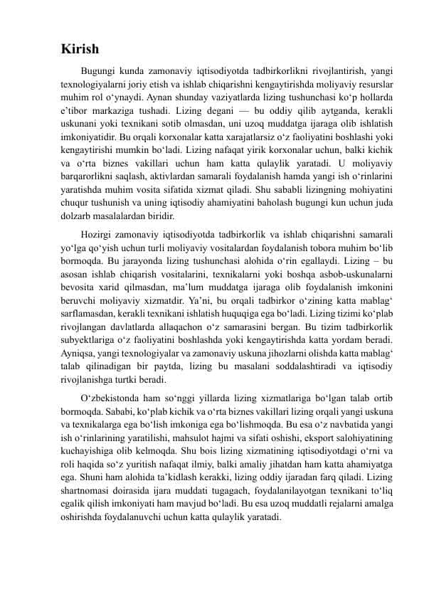 Lizingning mohiyati va ahamiyati