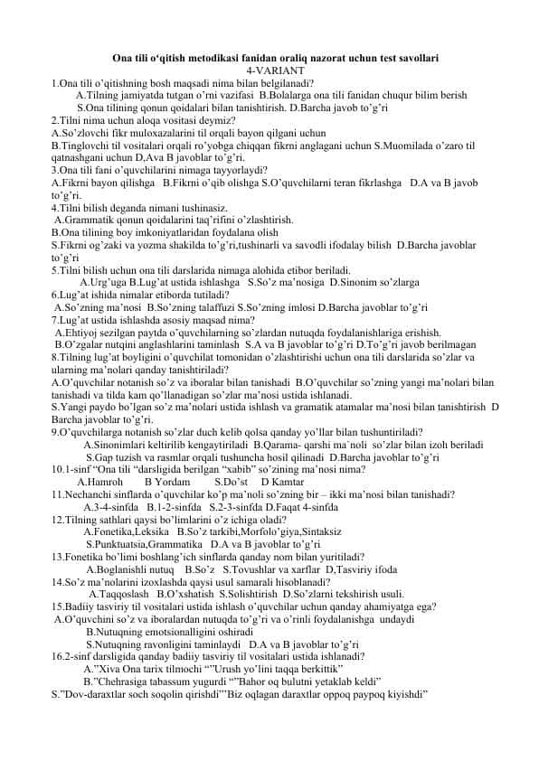 Ona tili oʻqitish metodikasi fanidan oraliq nazorat uchun test savollari