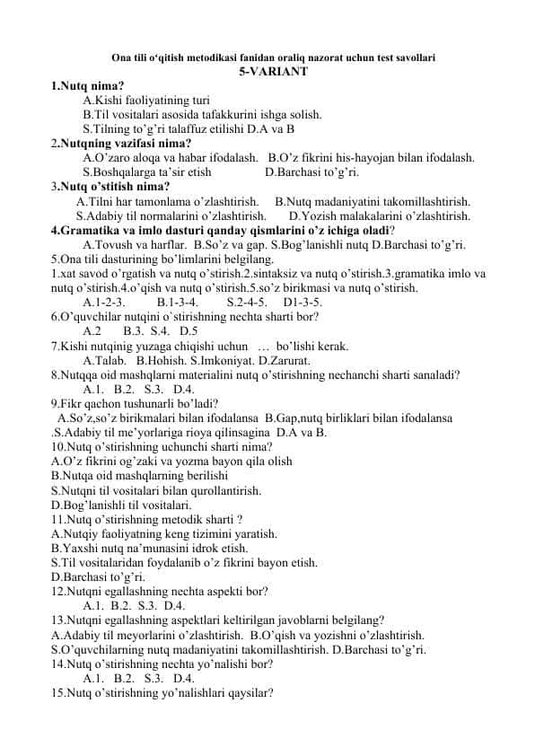 Ona tili oʻqitish metodikasi fanidan oraliq nazorat uchun test savollari