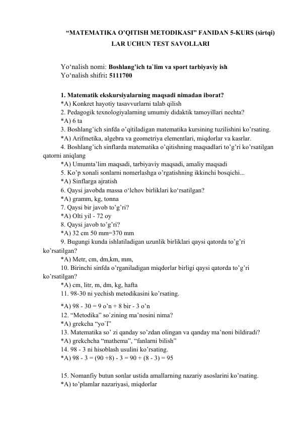 “MATEMATIKA O’QITISH METODIKASI” FANIDAN 5-KURS (sirtqi) LAR UCHUN TEST SAVOLLARI