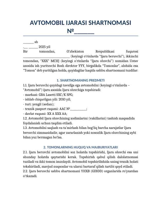 AVTOMOBIL IJARASI SHARTNOMASI