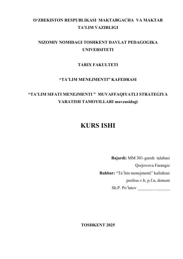 “TA’LIM SIFATI MENEJMENTI ” MUVAFFAQIYATLI STRATEGIYA YARATISH TAMOYILLARI