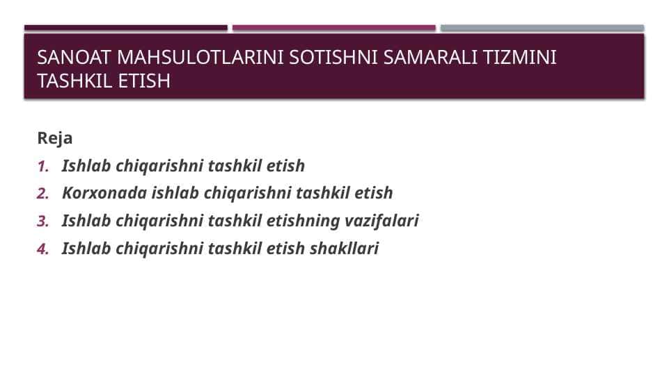 sanoat mahsulotlarini sotishni samarali tizmini tashkil etish