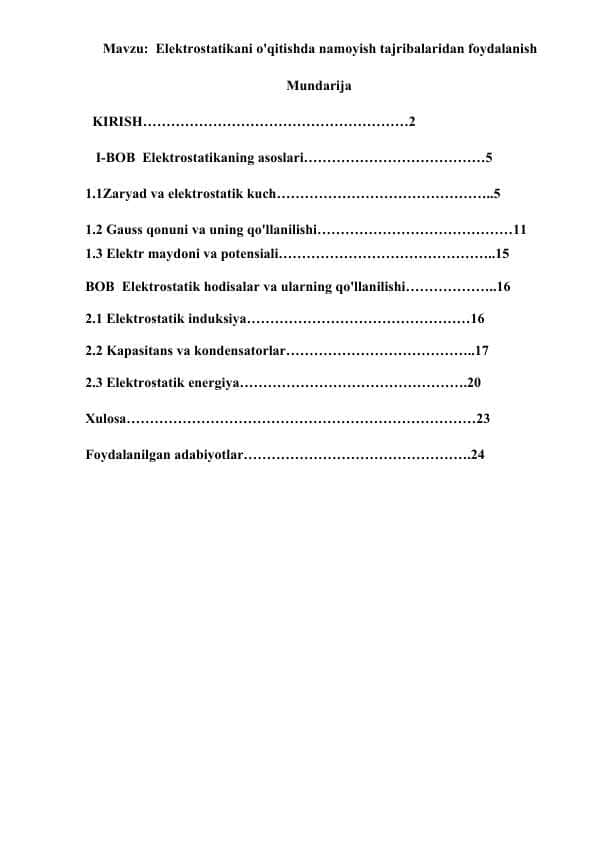 Elektrostatikani o'qitishda namoyish tajribalaridan foydalanish