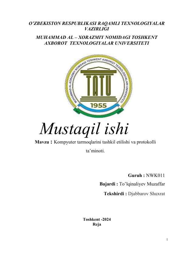 Kompyuter tarmoqlarini tashkil etilishi va protokolli ta’minoti.