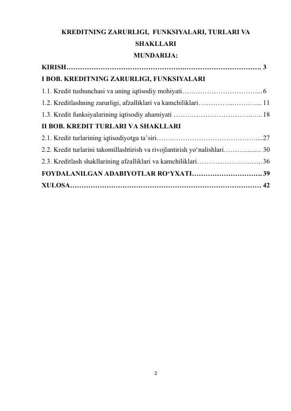 KREDITNING ZARURLIGI, FUNKSIYALARI, TURLARI VA SHAKLLARI