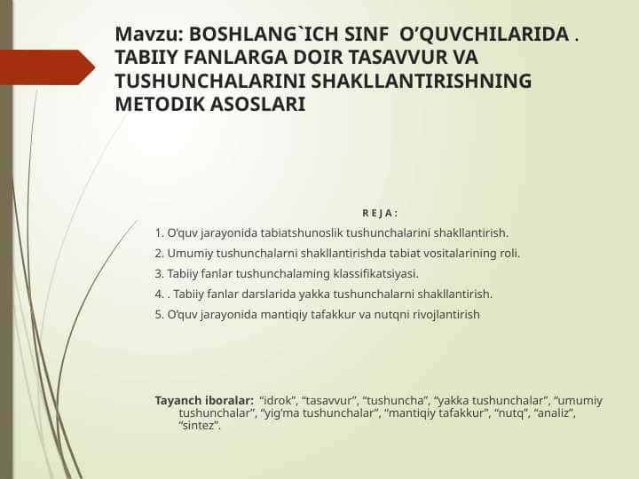 BOSHLANG`ICH SINF O’QUVCHILARIDA . TABIIY FANLARGA DOIR TASAVVUR VA TUSHUNCHALARINI SHAKLLANTIRISHNING METODIK ASOSLARI