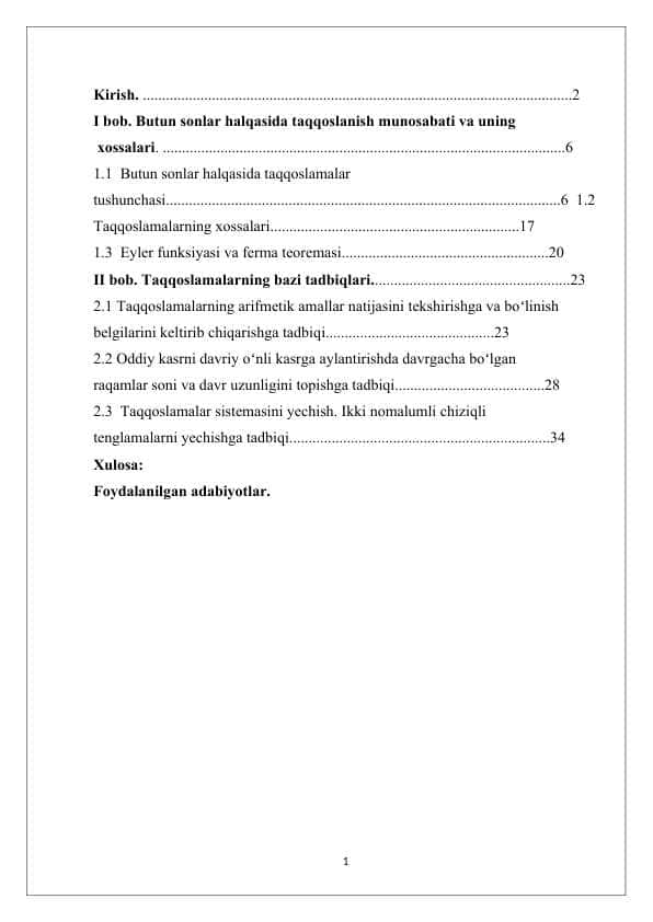 Butun sonlar halqasida taqqoslanish munosabati va uning