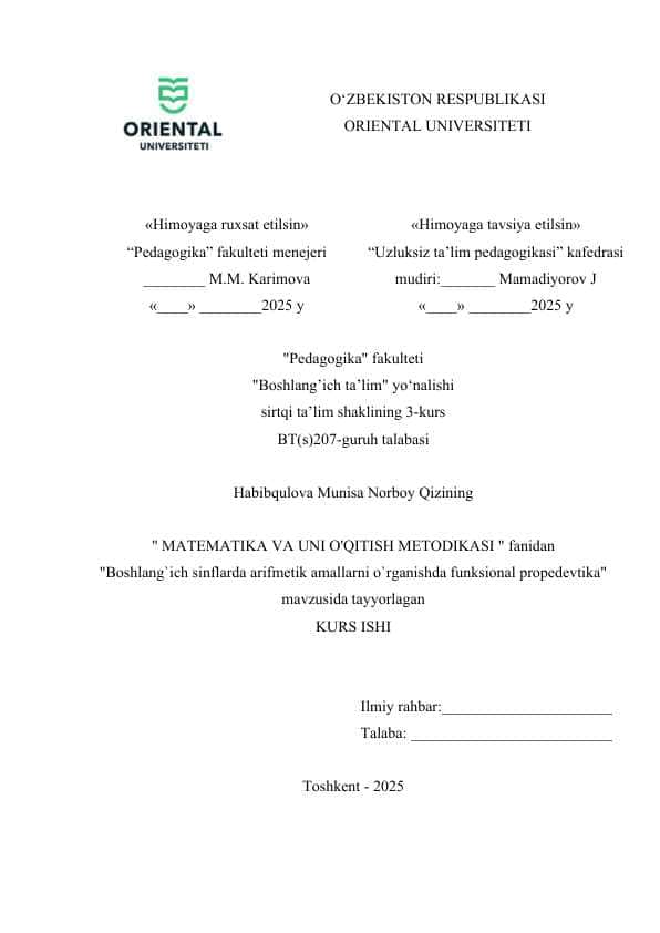 Boshlang`ich sinflarda arifmetik amallarni o`rganishda funksional propedevtika