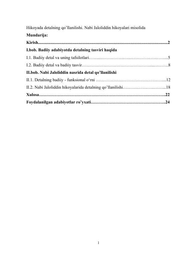 Hikoyada detalning qo’llanilishi. Nabi Jaloliddin hikoyalari misolida