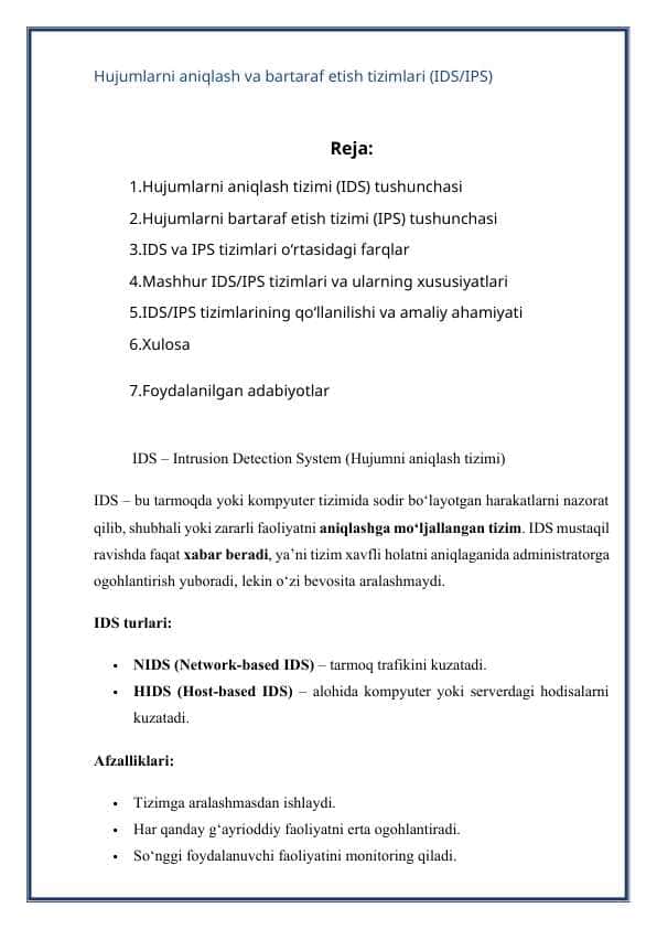 Hujumlarni aniqlash va bartaraf etish tizimlari (IDS/IPS)