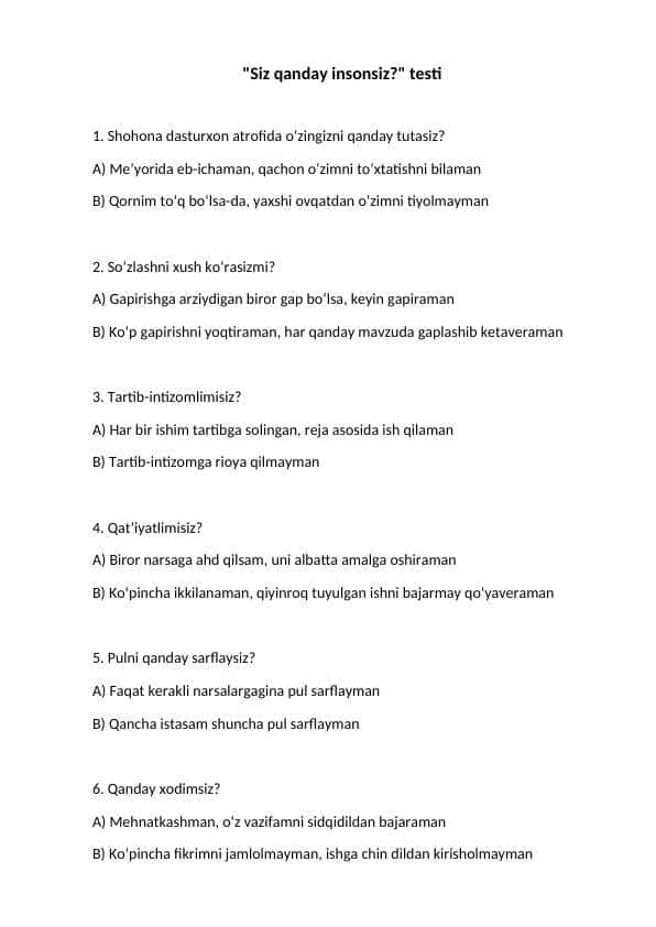 Psixologik test ( Siz qanday insonsiz)