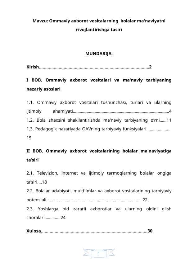 Ommaviy axborot vositalarning bolalar ma'naviyatni rivojlantirishga tasiri