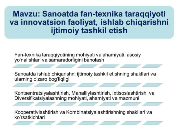 Sanoatda fan-texnika taraqqiyoti va innovatsion faoliyat, ishlab chiqarishni ijtimoiy tashkil etish
