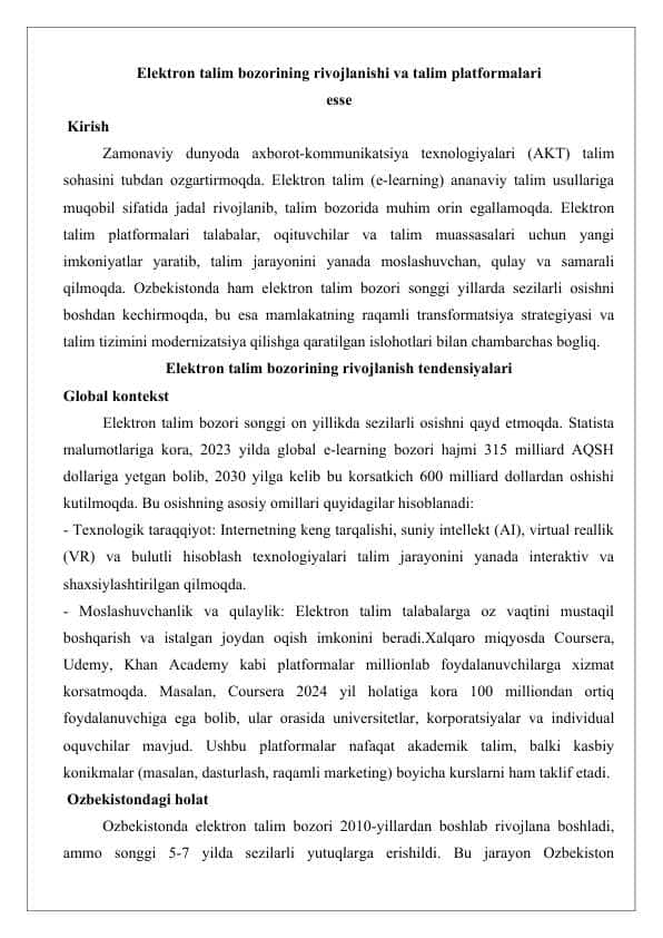 Elektron ta'lim bozorining rivojlanishi va ta'lim platformalari esse