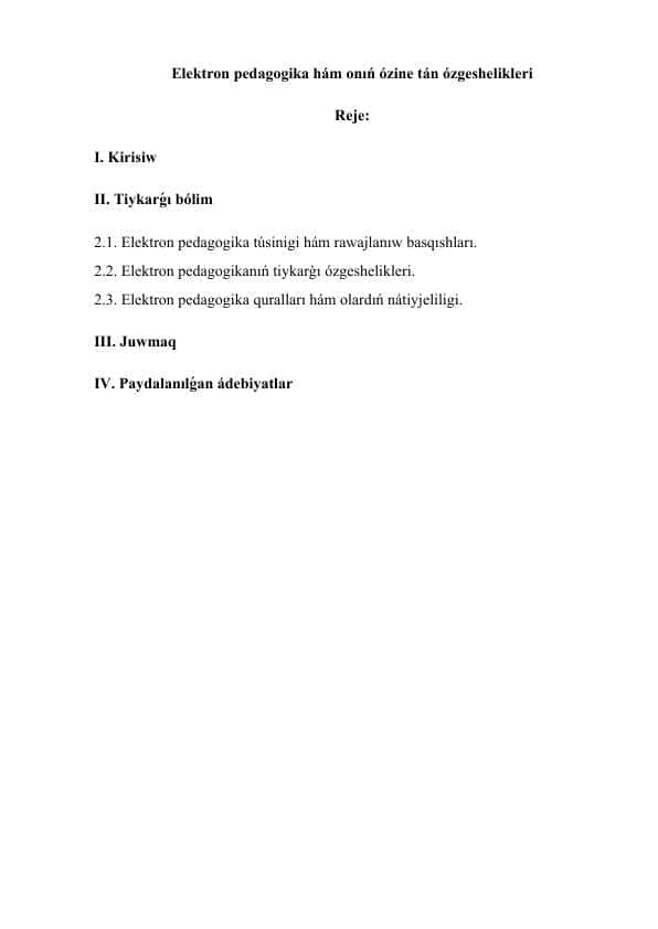 Elektron pedagogika hám onıń ayrıqsha qásiyetleri