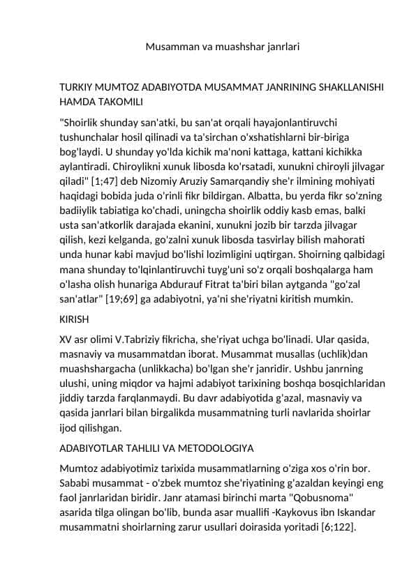 Musamman va muashshar janrlari