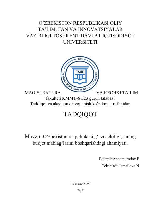 Oʻzbekiston respublikasi gʻaznachiligi, uning budjet mablagʻlarini boshqarishdagi ahamiyati (2)