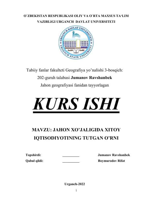 Jahon xo’jaligida Xitoy iqtisodiyotining tutgan o‘rni