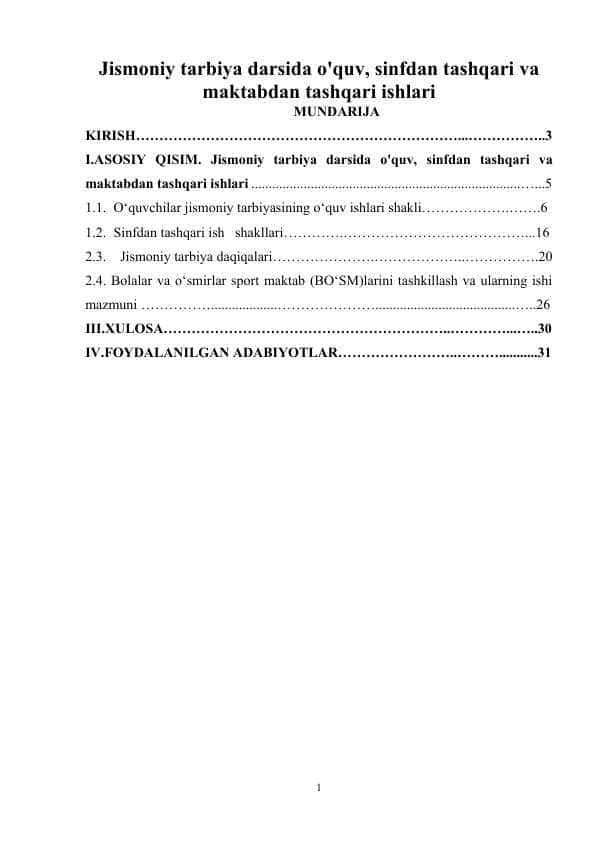 Jismoniy tarbiya darsida o'quv, sinfdan tashqari va maktabdan tashqari ishlari