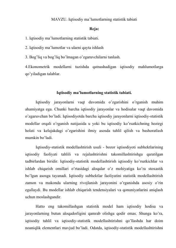 Iqtisodiy ma’lumotlarning statistik tabiati