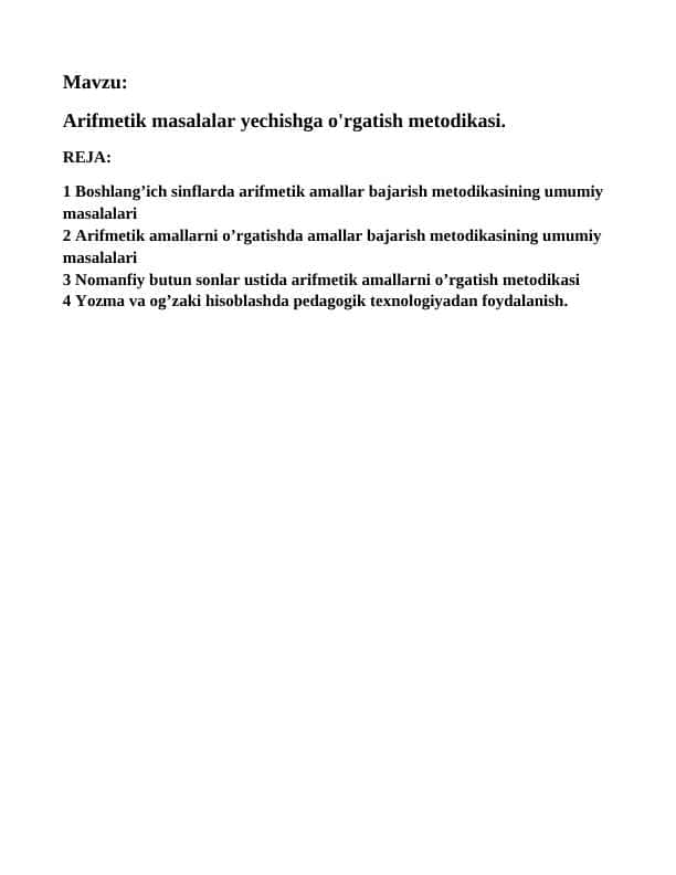 Arifmetik masalalar yechishga o'rgatish metodikasi.
