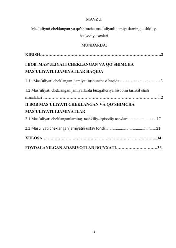 Mas’uliyati cheklangan va qo'shimcha mas’uliyatli jamiyatlarning tashkiliy-iqtisodiy asoslari