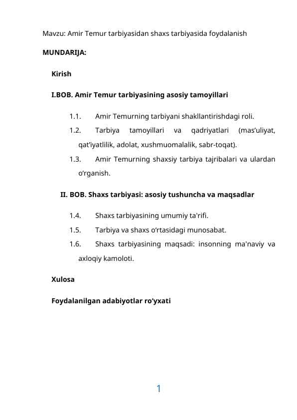 Amir Temur tarbiyasidan shaxs tarbiyasida foydalanish