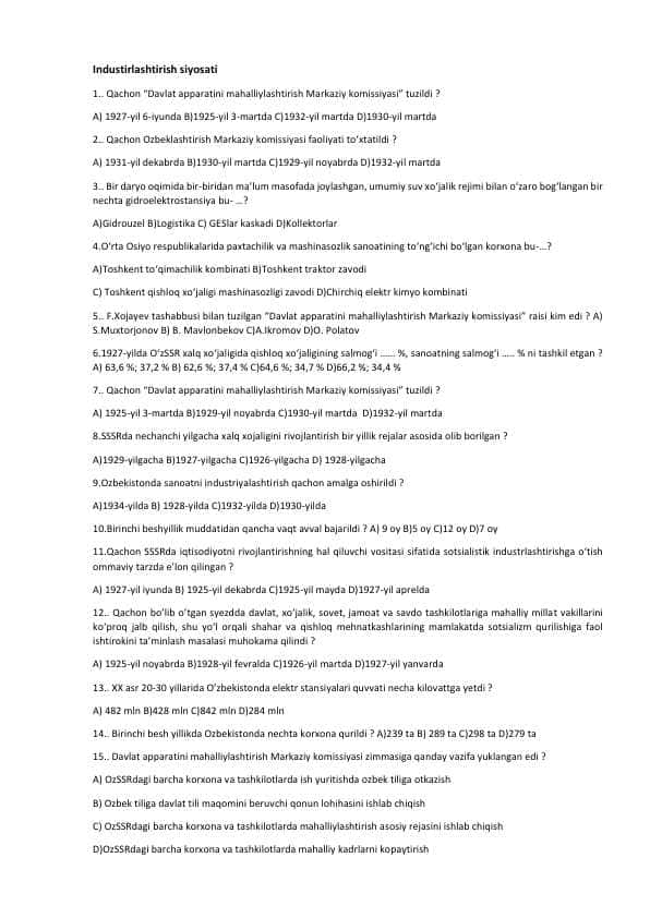 Industirlashtirish siyosati 15ta test