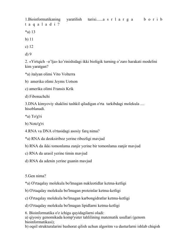 Bioinformatika (Yakuniy testlar javoblari)