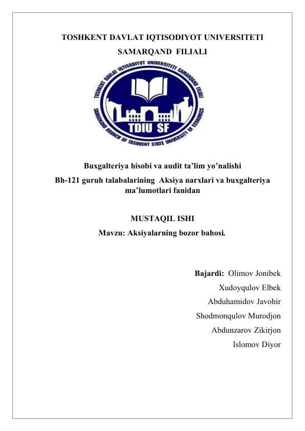 Aksiyalarning bozor bahosi (Essay)