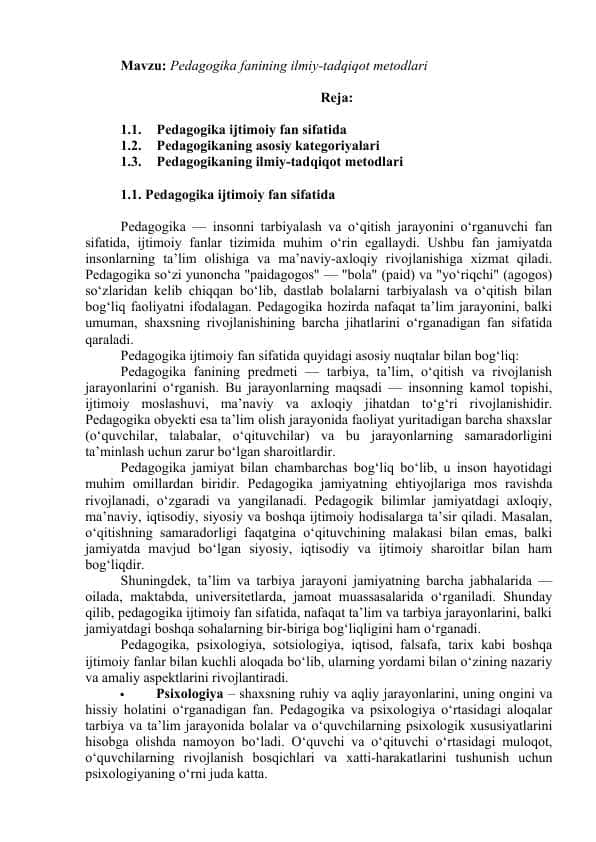 Pedagogika fanining ilmiy-tadqiqot metodlari