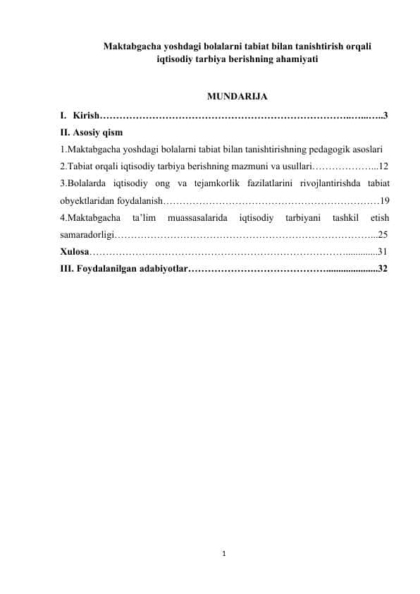 Maktabgacha yoshdagi bolalarni tabiat bilan tanishtirish orqali iqtisodiy tarbiya berishning ahamiyati