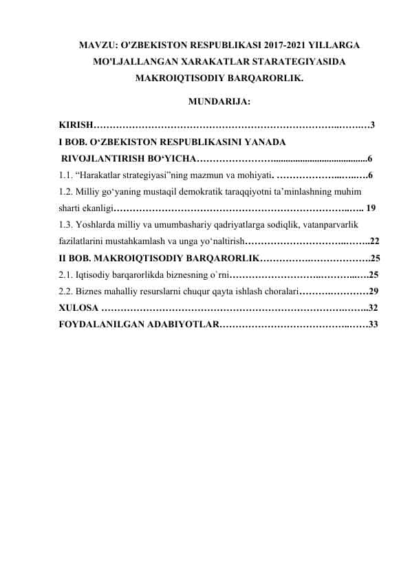 O'ZBEKISTON RESPUBLIKASI 2017-2021 YILLARGA MO'LJALLANGAN XARAKATLAR STARATEGIYASIDA MAKROIQTISODIY BARQARORLIK..docx