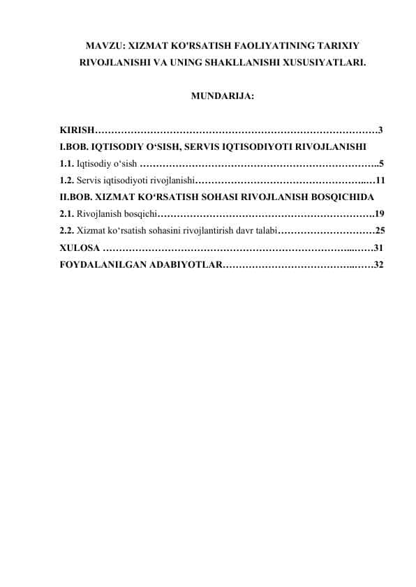 XIZMAT KO'RSATISH FAOLIYATINING TARIXIY RIVOJLANISHI VA UNING SHAKLLANISHI XUSUSIYATLARI..docx