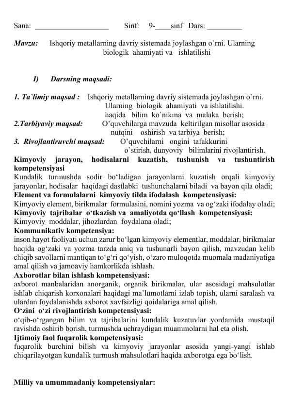 Ishqoriy mеtallarning davriy sistеmada joylashgan o`rni. Ularning dars ishlanma