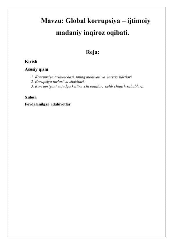 Global korrupsiya – ijtimoiy madaniy inqiroz oqibati.