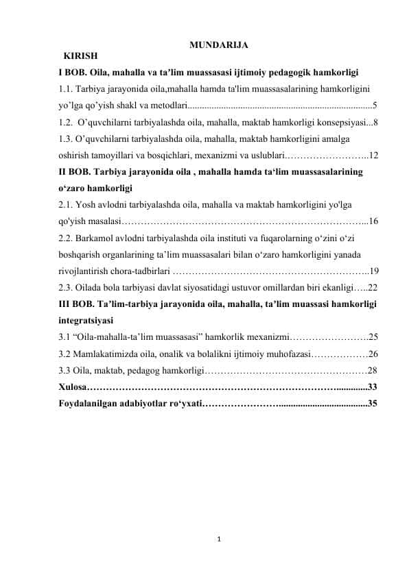 Kurs ishi Oila, mahalla va taʼlim muassasasi ijtimoiy pedagogik hamkorligi