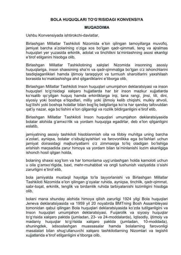 BOLA HUQUQLARI TO‘G‘RISIDAGI KONVENSIYA