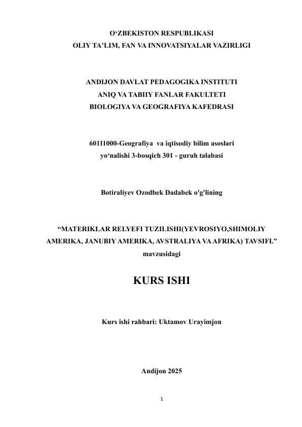 Materiklar relyefi tuzilishi tavsifi.Kurs ishi