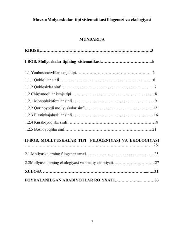 Molyusskalar tipi sistematikasi filogenezi va ekologiyasi