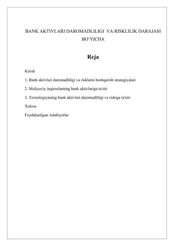 BANK AKTIVLARI DAROMADLILIGI VA RISKLILIK DARAJASI BOʻYICHA