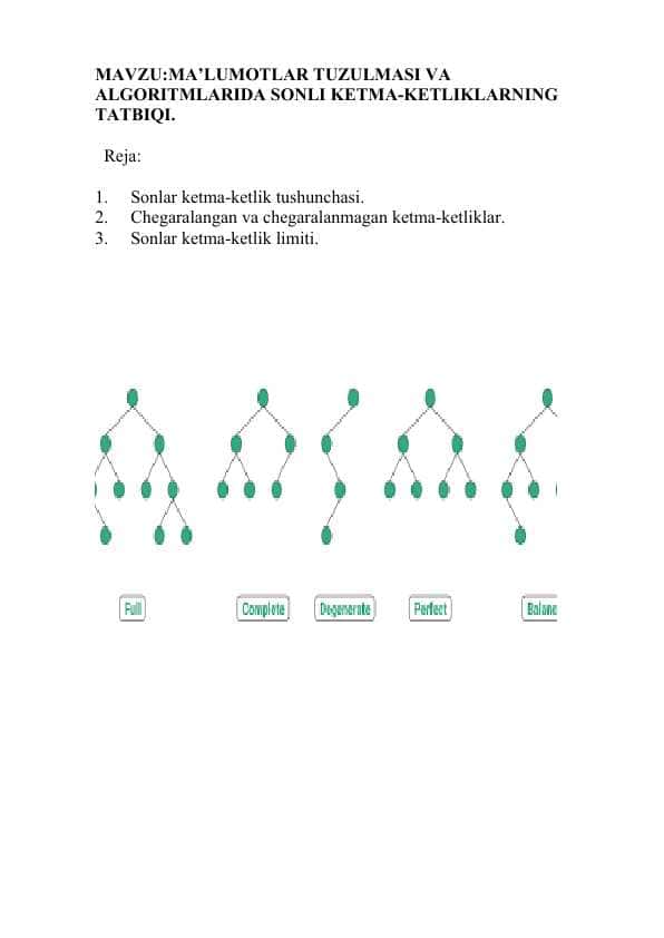 Malumotlar tuzulmasi va algoritmlarida sonli ketma-ketliklarning tatbiqi.