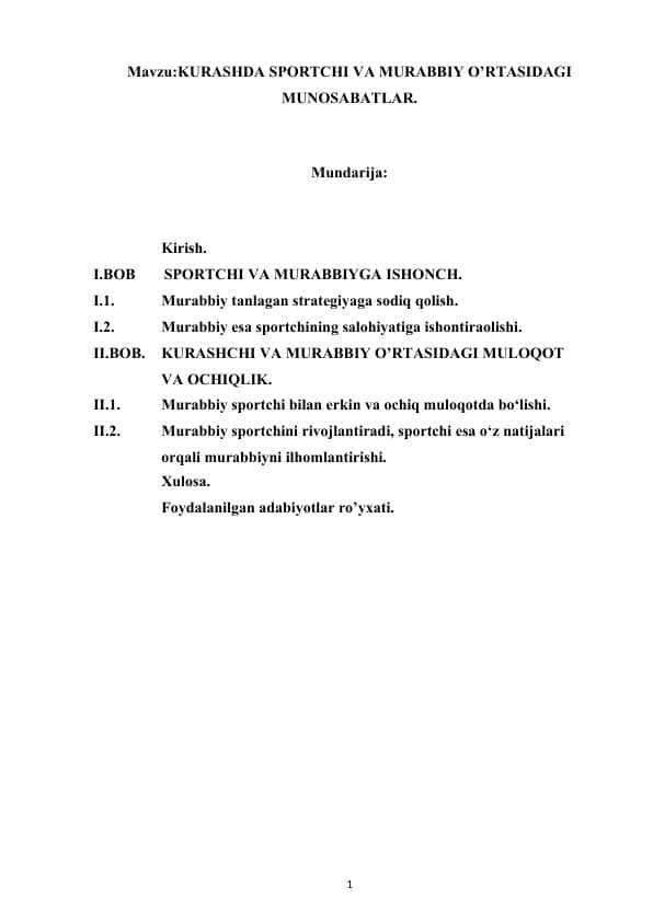 kurashda sportchi va murabbiy o’rtasidagi munosabatlar