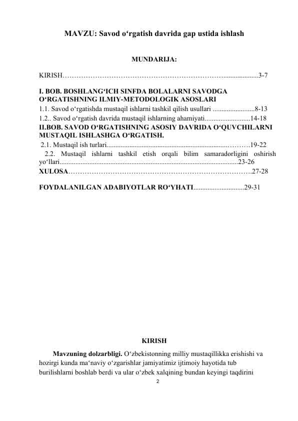 Savod oʻrgatish davrida gap ustida ishlash kurs ishi