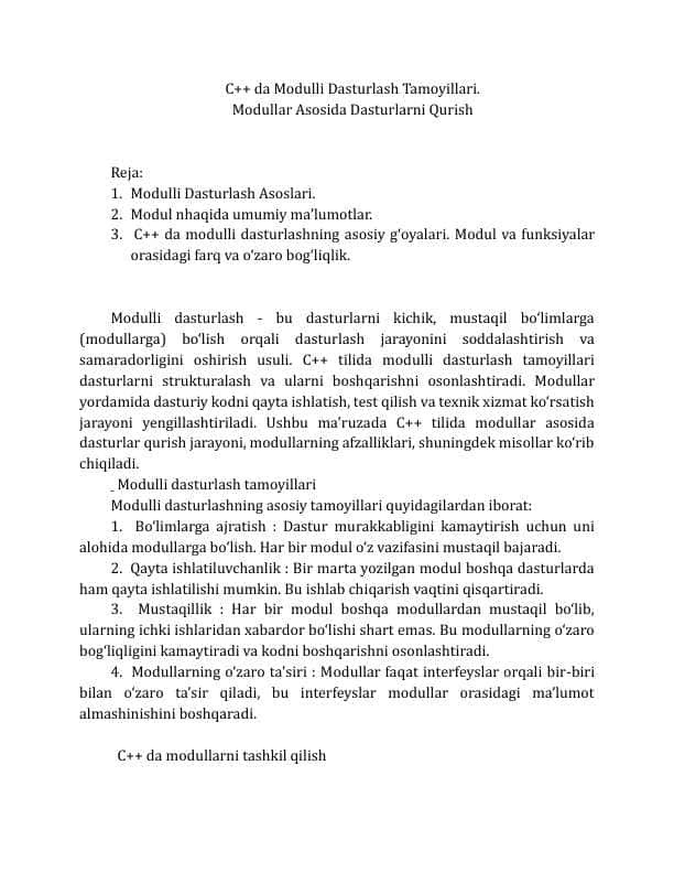 C++ da Modulli Dasturlash Tamoyillari. Modullar asosida dasturlarni qurish