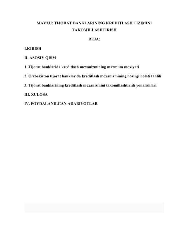 TIJORAT BANKLARINING KREDITLASH TIZIMINI TAKOMILLASHTIRISH